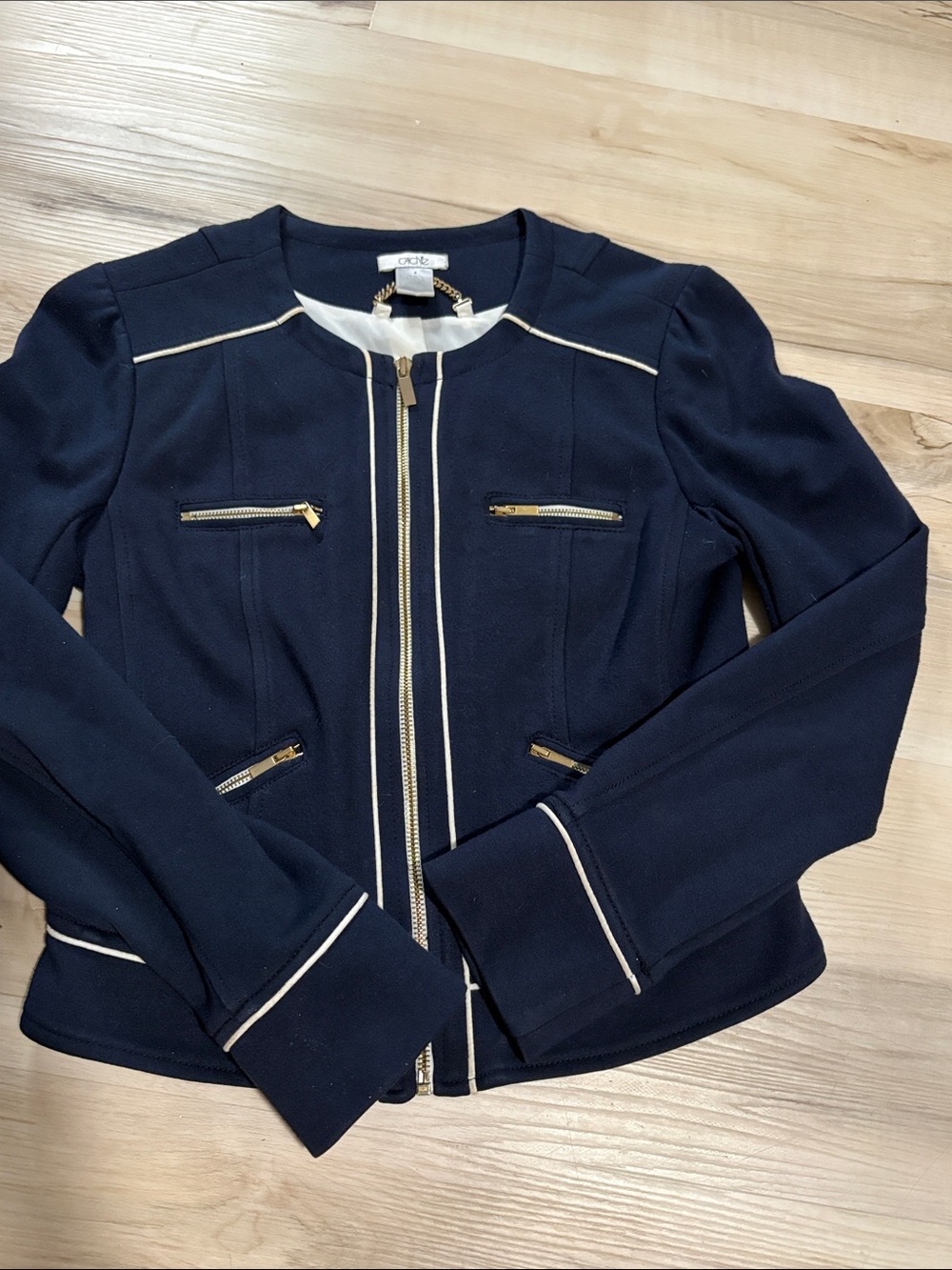 Vintage Cache Navy Blue Full Zip Blazer Jacket White Piping Contrast Trim 4